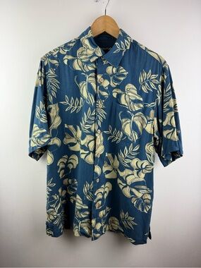WinterSilks Men's M Silk Blend Tropical Hawaiian Shirt Blue Monstera